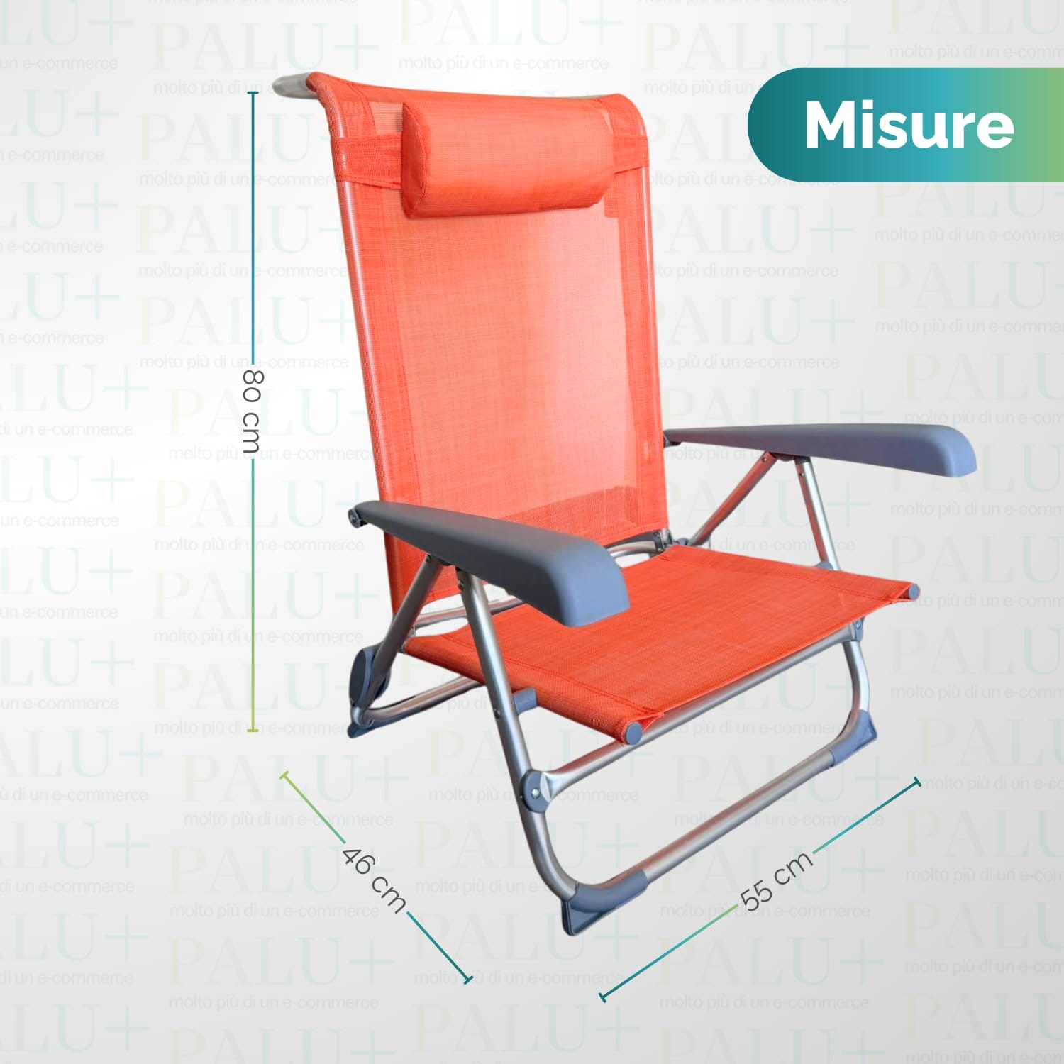 Spiaggina arancione reclinabile 55x46x80 cm Sedia pieghevole da spiaggia arancione con misure indicate di 55 cm, 46 cm e 80 cm di altezza