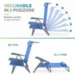 Sedia mare reclinabile in 7 posizioni Sedia da spiaggia blu reclinabile mostrata nelle sette posizioni, dalla seduta alla configurazione lettino