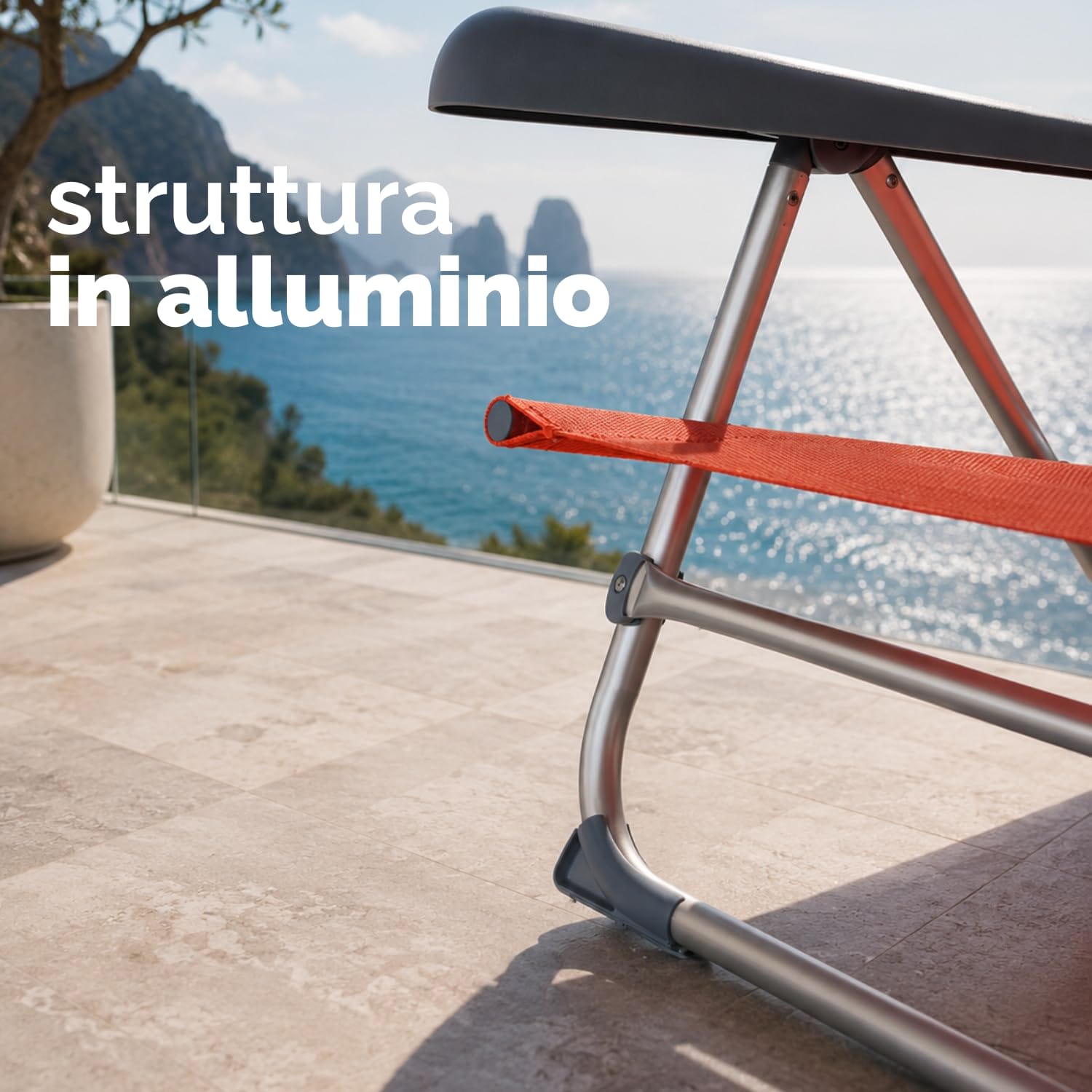 Spiaggina arancione con telaio in alluminio resistente Dettaglio della struttura in alluminio e del piedino della sedia pieghevole da spiaggia arancione