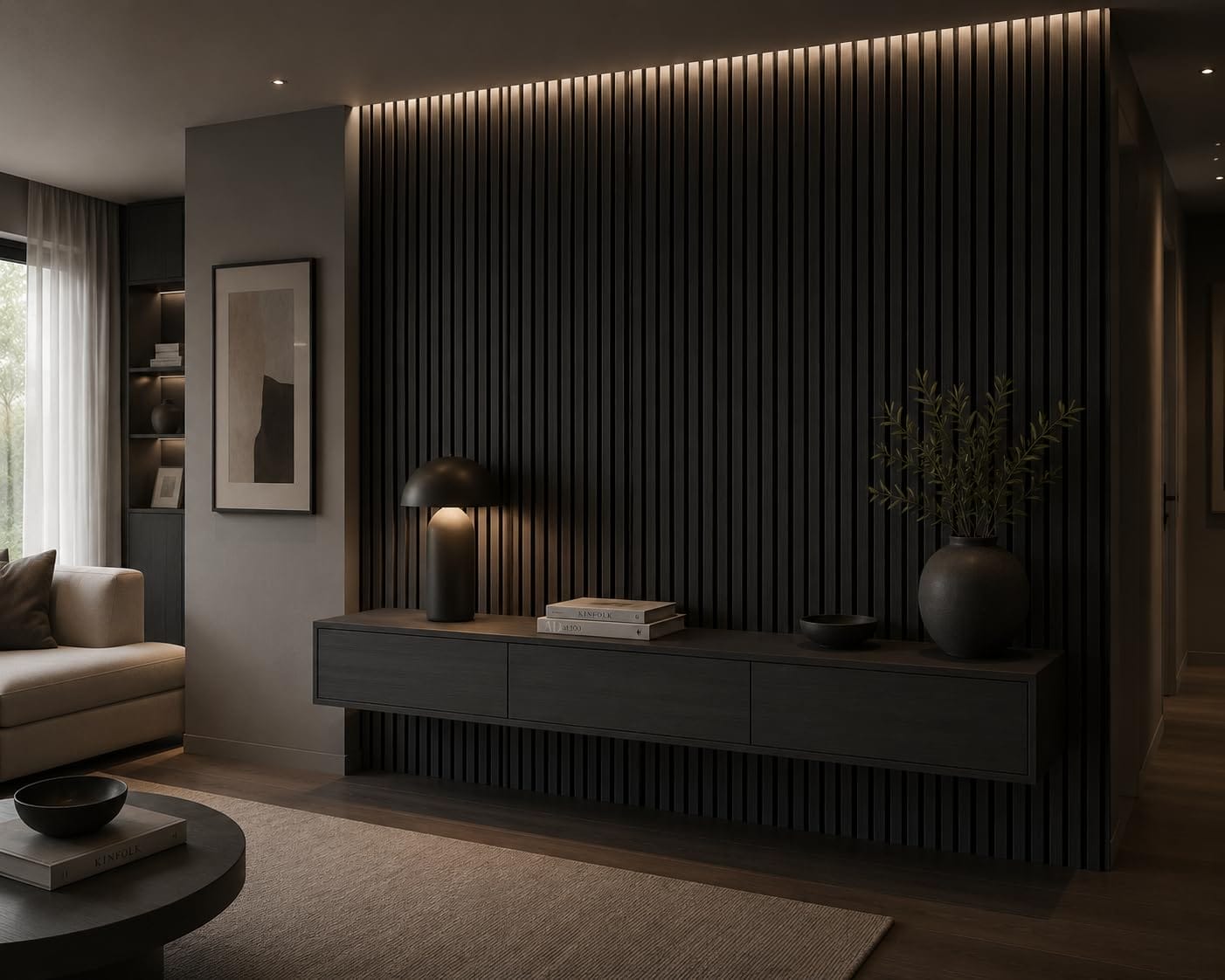 Pannelli effetto legno nero per pareti moderne Pannelli fonoassorbenti effetto legno nero installati come rivestimento decorativo in soggiorno contemporaneo