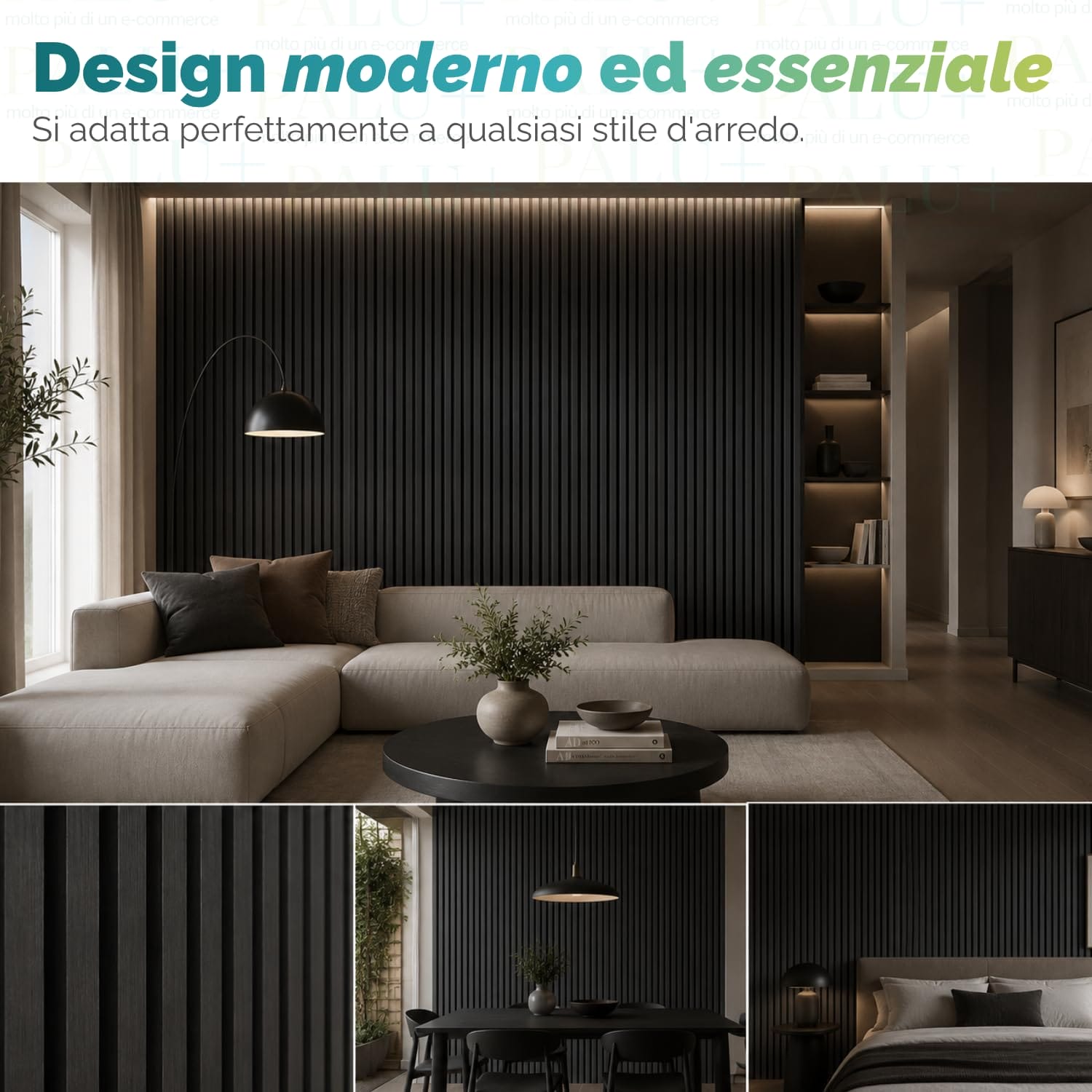Pannelli decorativi effetto legno nero per interni Pannelli fonoassorbenti effetto legno nero inseriti in soggiorno, sala da pranzo e camera da letto moderna