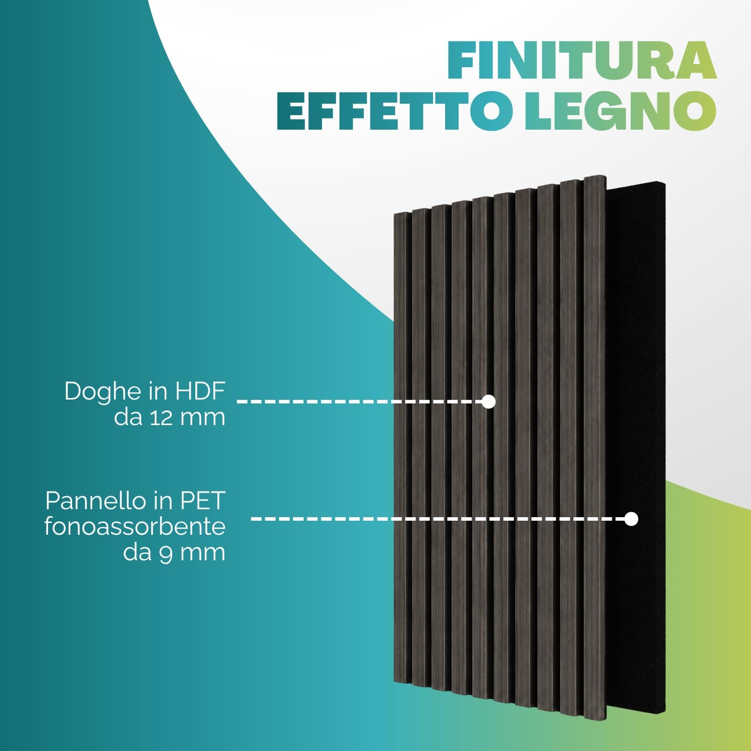 Pannello acustico effetto legno nero per pareti Pannello fonoassorbente effetto legno nero con doghe in HDF e supporto in PET fonoassorbente