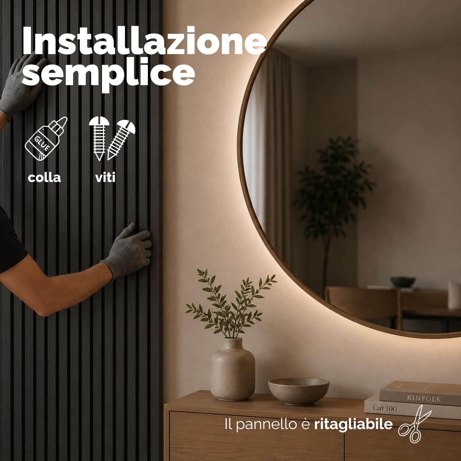 Pannello fonoassorbente nero facile da installare Installazione di pannello fonoassorbente effetto legno nero fissato alla parete con colla o viti