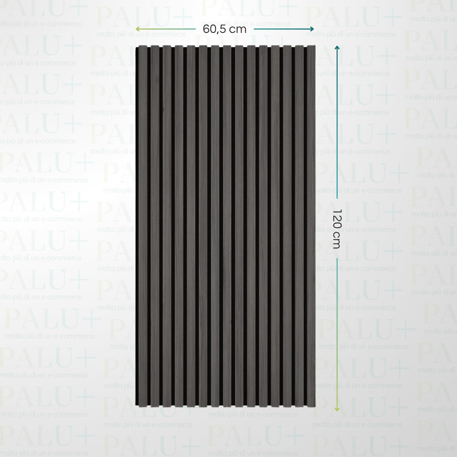 Pannello fonoassorbente nero 120x60 cm Pannello fonoassorbente effetto legno nero con dimensioni 120 x 60,5 cm su sfondo neutro