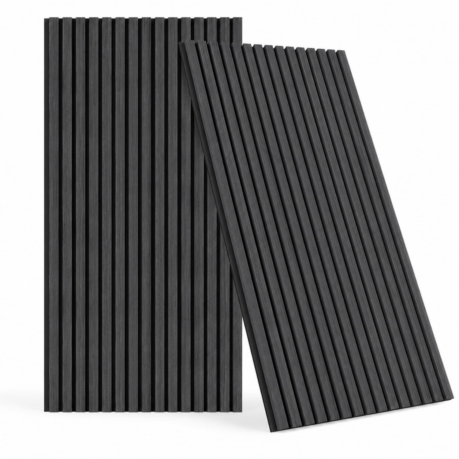 Set pannelli fonoassorbenti effetto legno nero Due pannelli fonoassorbenti effetto legno nero con doghe verticali e supporto acustico nero