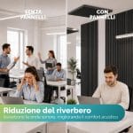 Pannelli acustici neri per riduzione del riverbero Confronto tra ufficio senza pannelli e con pannelli fonoassorbenti effetto legno nero per ridurre il riverbero