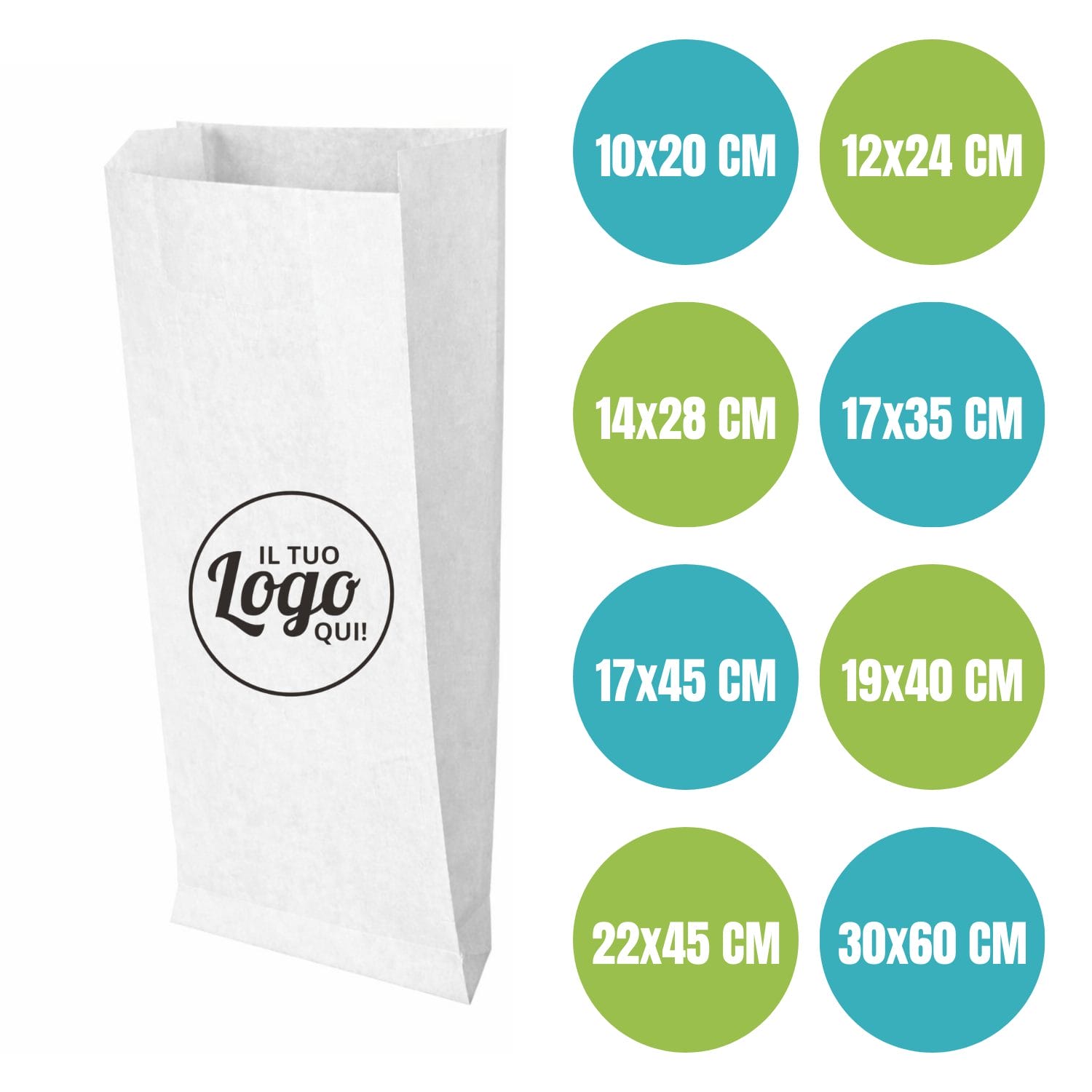 Sacchetti carta kraft bianca personalizzati con logo per bar e take away con cornetto