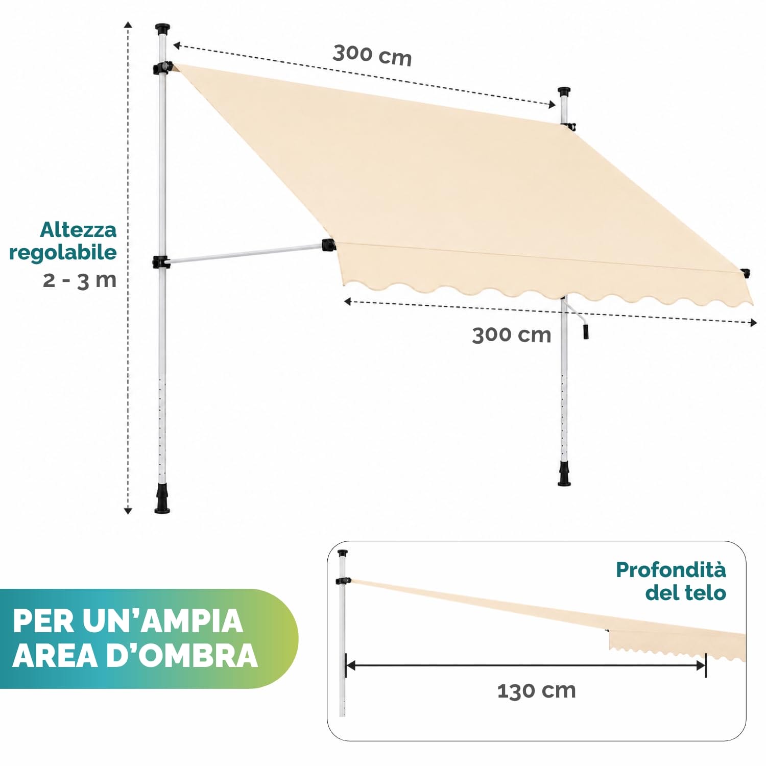 misure-tenda-morsetto-beige Tenda da sole a morsetto 300x300 cm beige con altezza regolabile da 2 a 3 metri per balcone e terrazzo