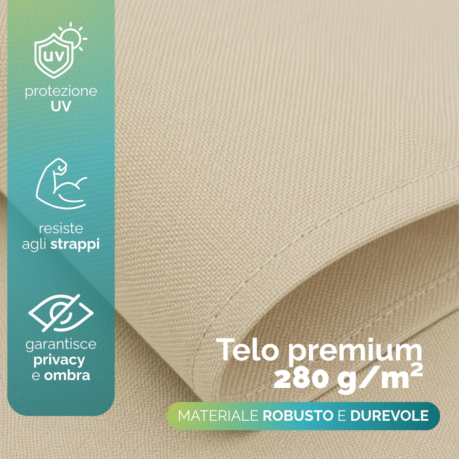 Dettaglio telo premium beige 280 g/m² resistente ai raggi UV e agli strappi per tenda da sole