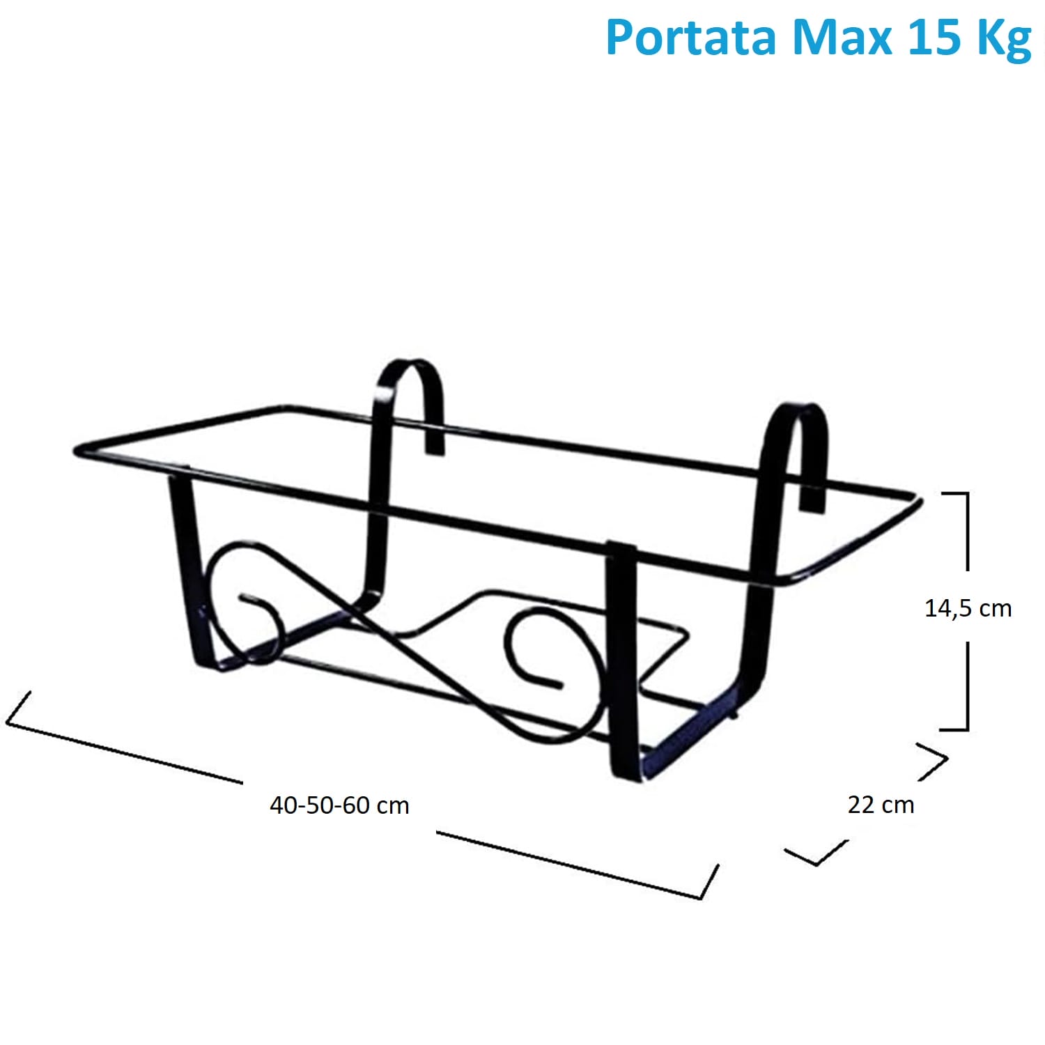 Balconiera metallo nero misure 40 50 60 cm prof 22 cm alt 14,5 cm