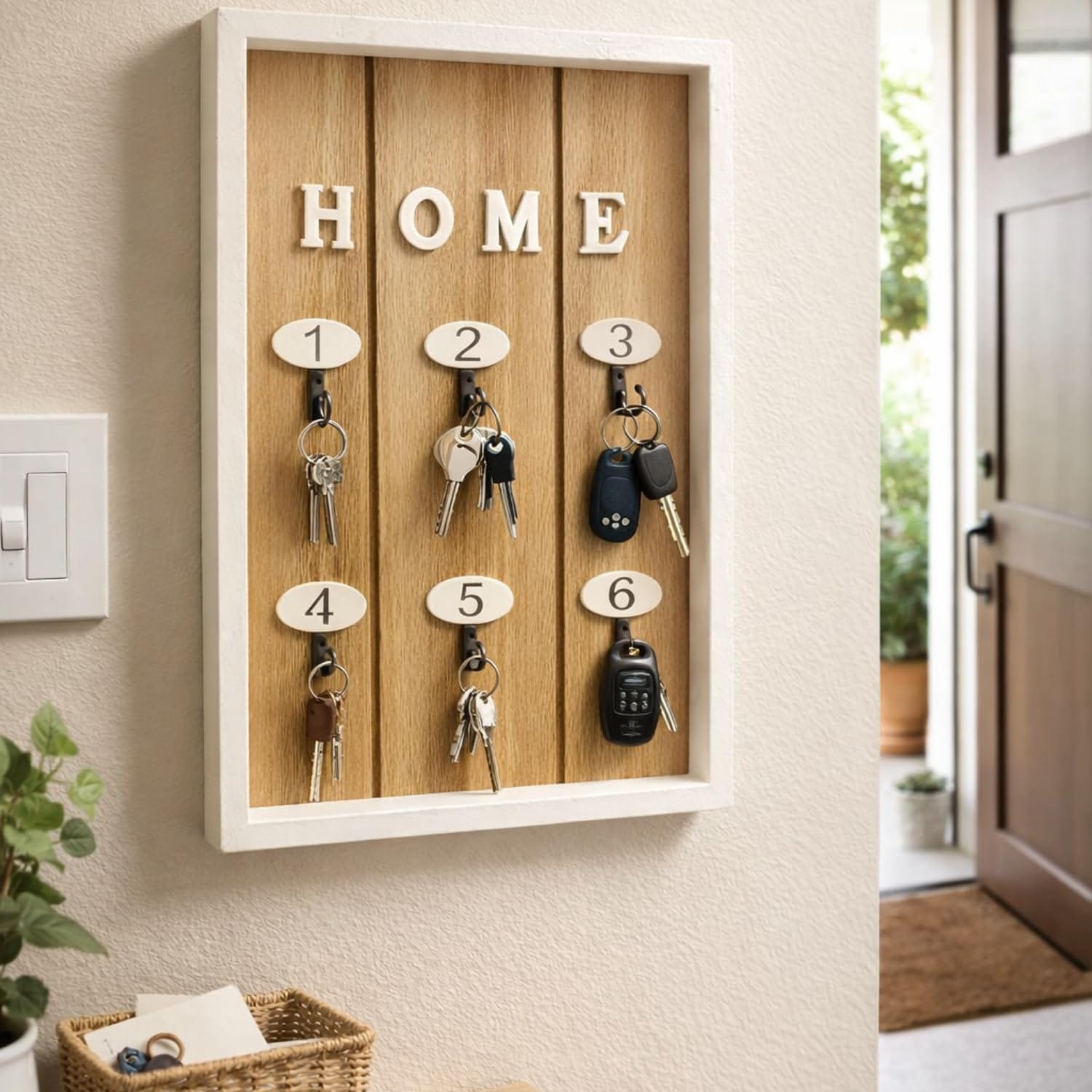 Portachiavi da ingresso in legno con cornice bianca e supporto per 6 chiavi