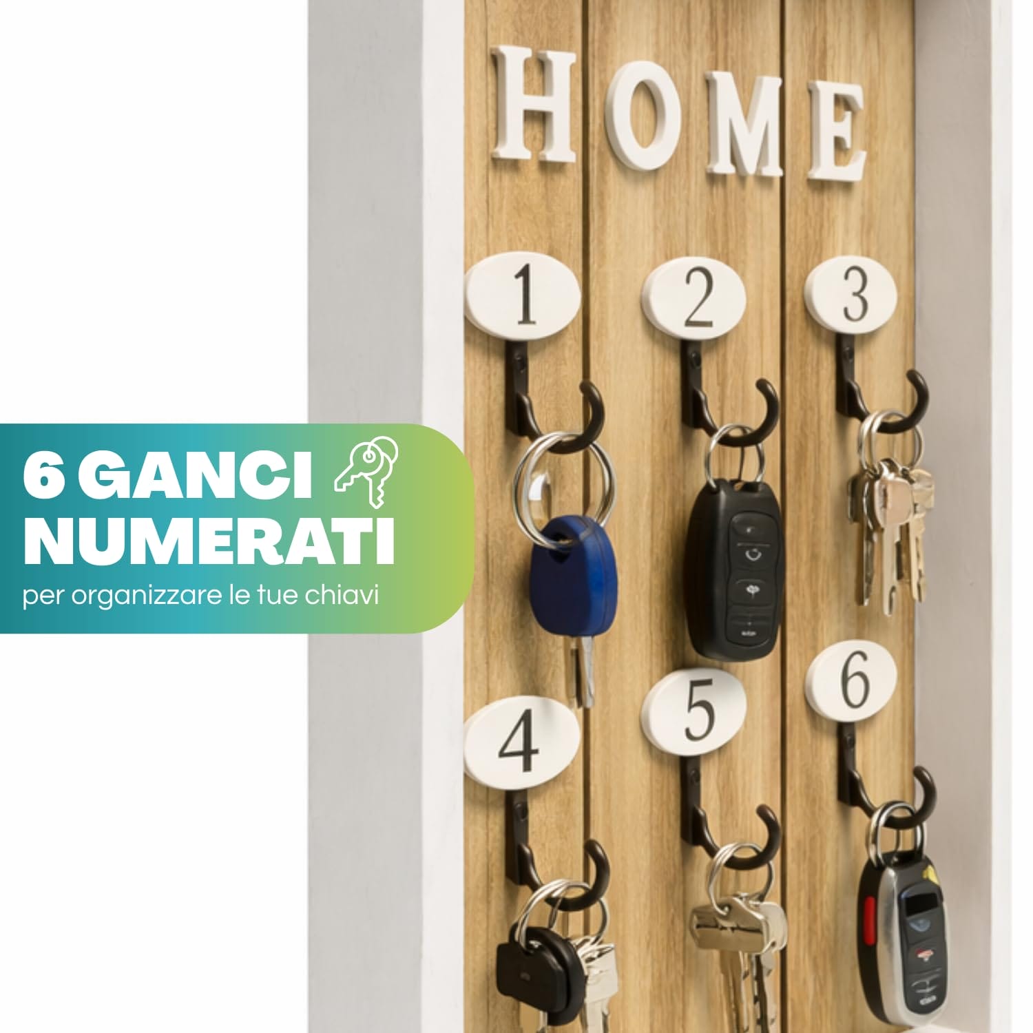 Portachiavi da parete bianco e legno con 6 ganci numerati, organizer chiavi HOME