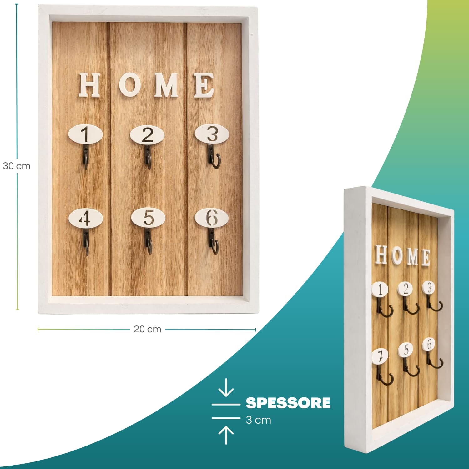 Portachiavi da parete bianco e legno con 6 ganci numerati, organizer chiavi HOME