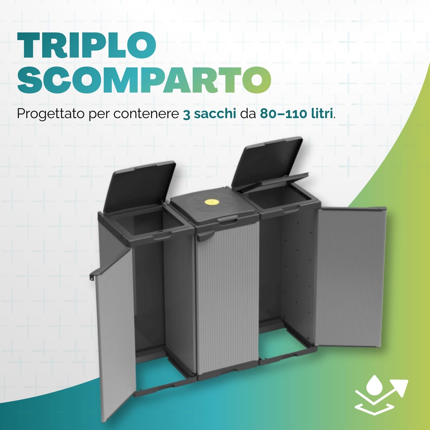 Pattumiera differenziata a 3 scomparti con apertura superiore e sportelli frontali