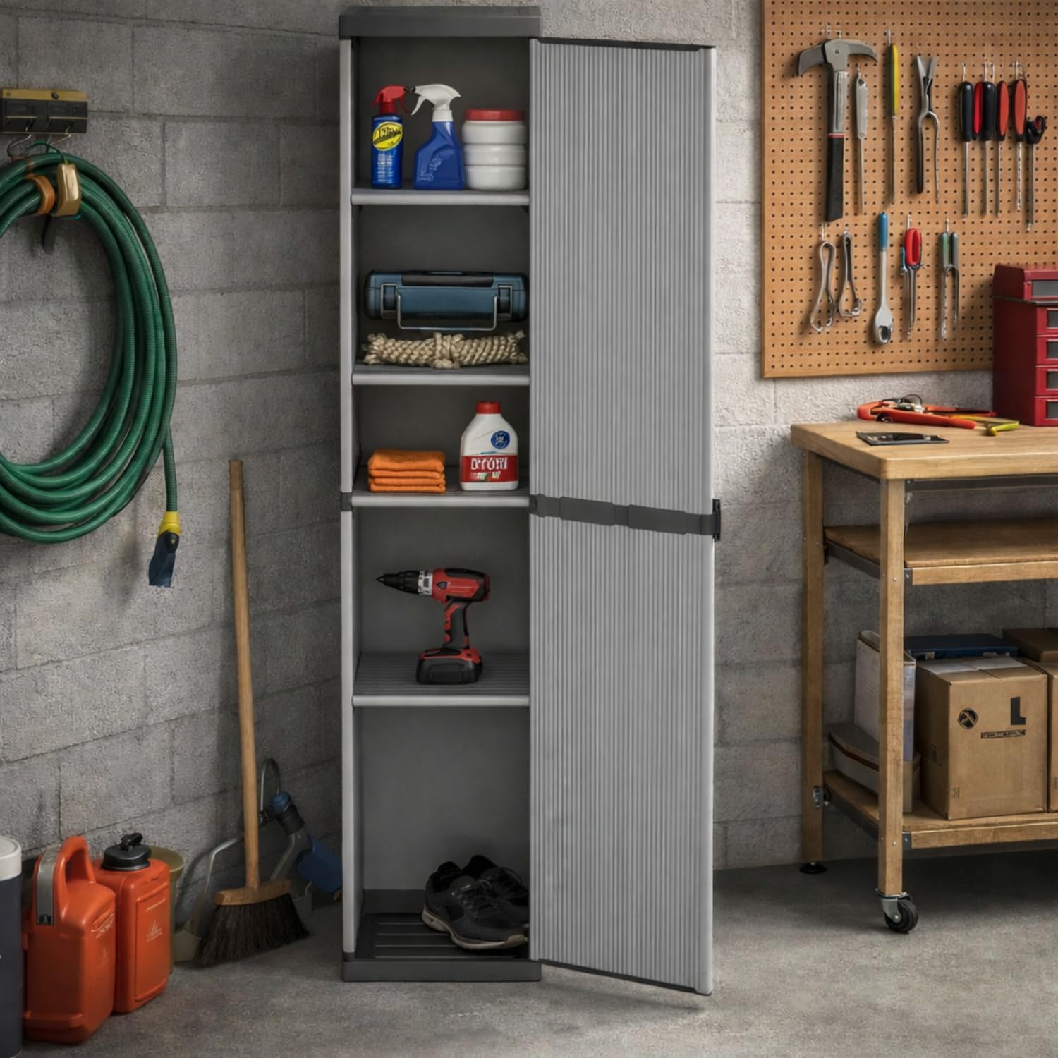 Armadio alto in plastica con ripiani, mobile contenitore per garage lavanderia officina