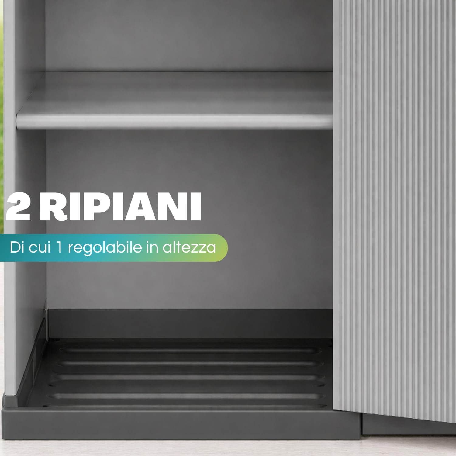 Armadio basso in plastica con 2 ripiani di cui uno regolabile, mobile multiuso