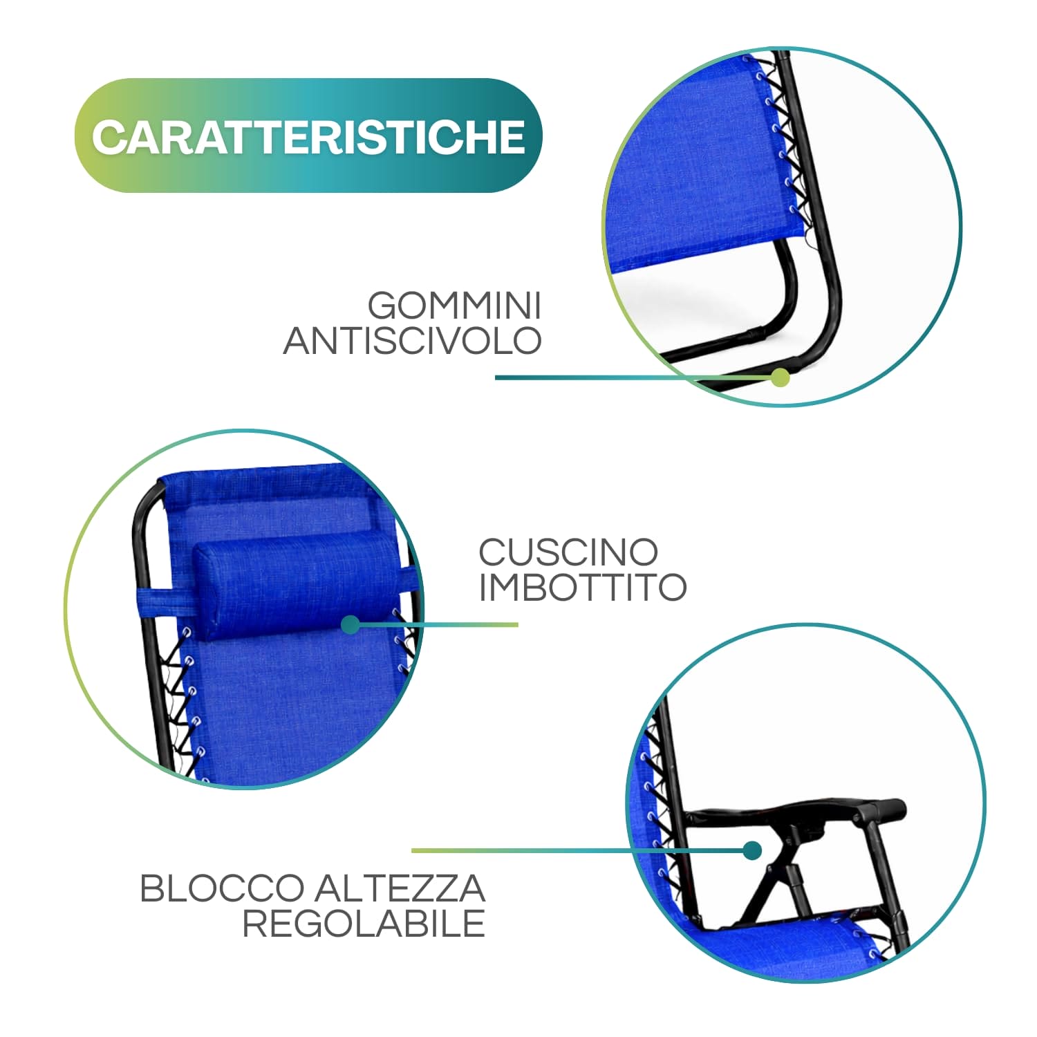 Sdraio Zero Gravity con cuscino imbottito leva blocca posizione e gommini antiscivolo