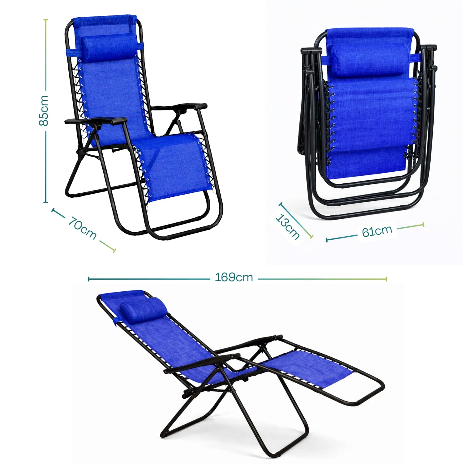 Dimensioni sdraio Zero Gravity blu pieghevole con poggiatesta e sistema reclinabile