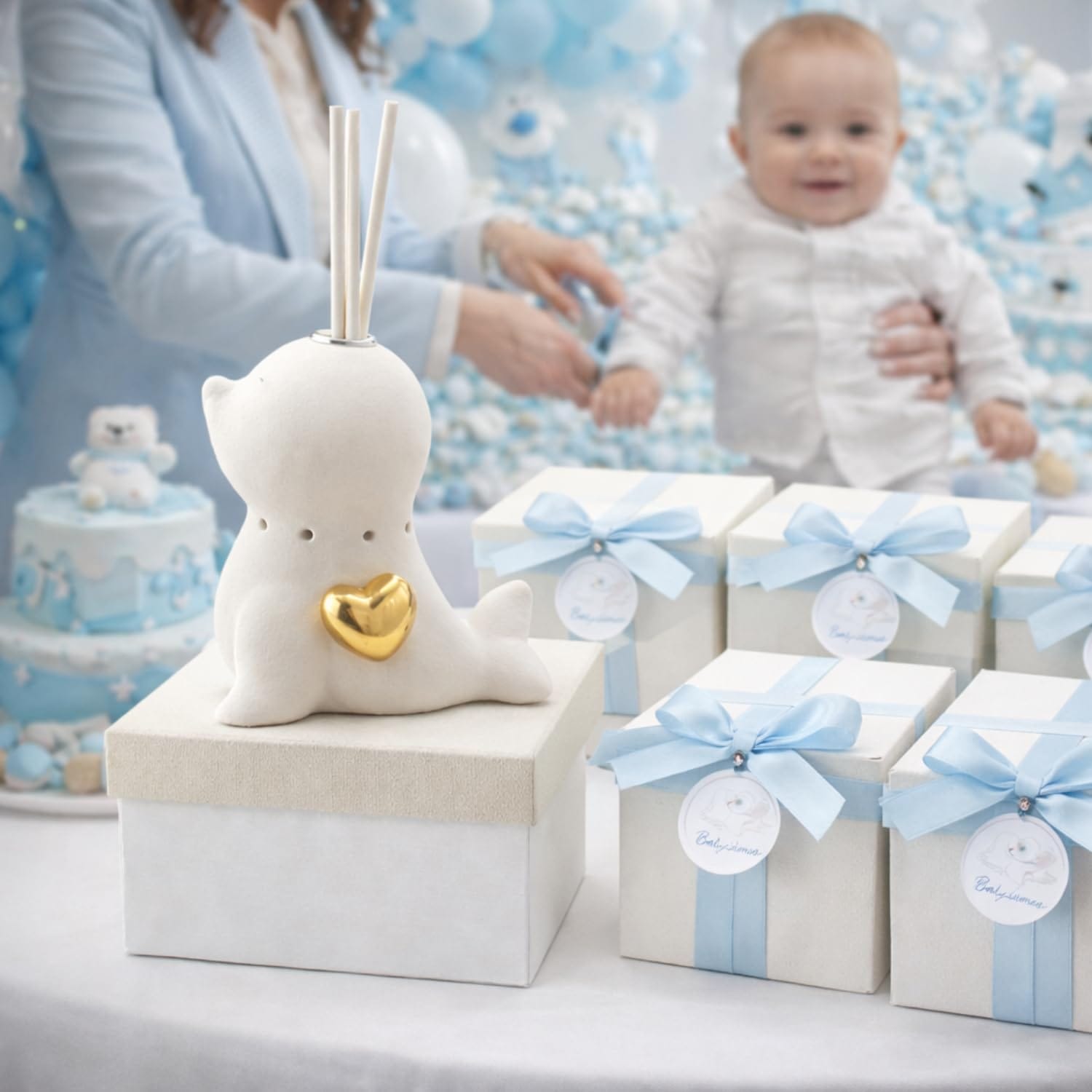 Bomboniera profumatore ceramica a forma di foca con LED ideale per matrimonio e battesimo