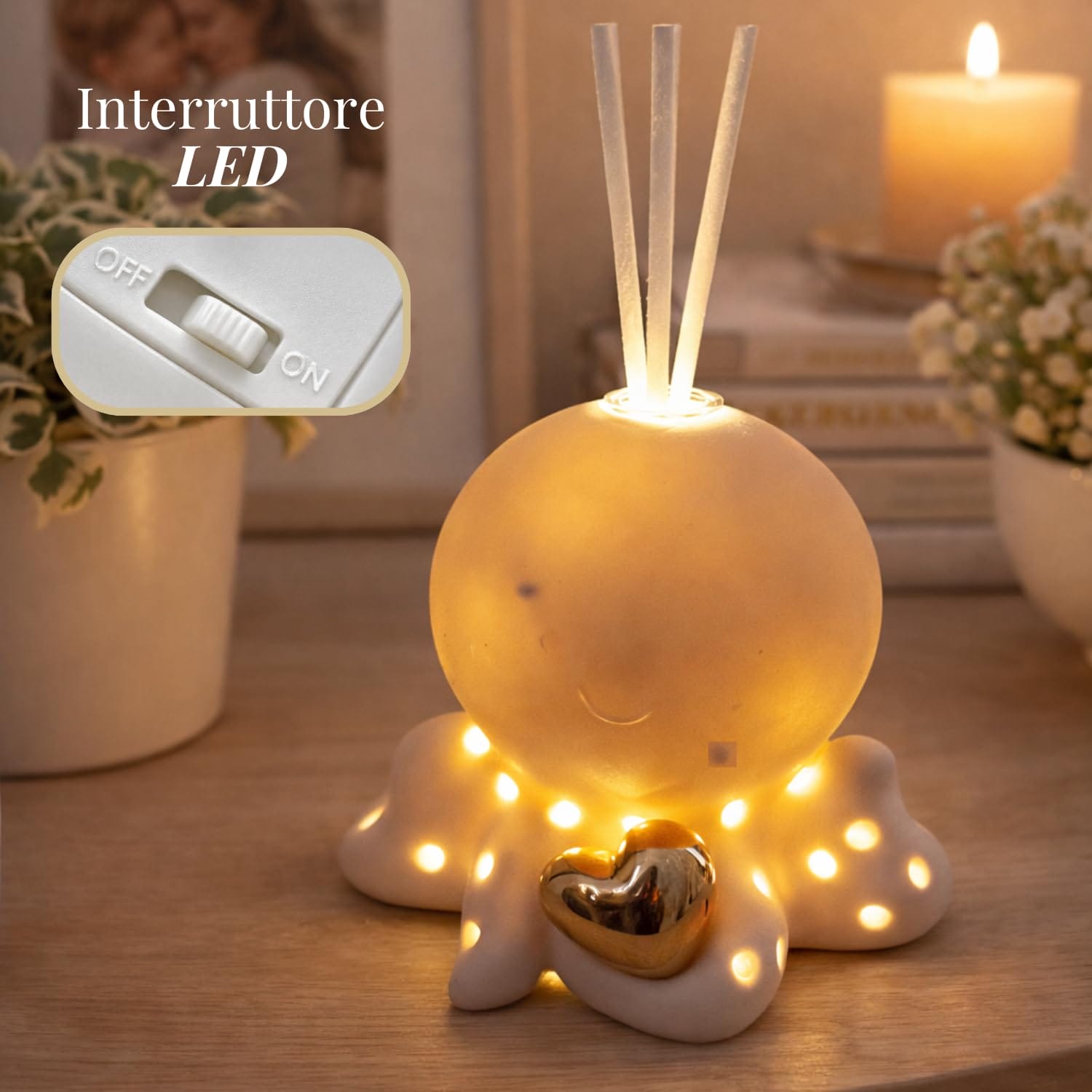 Bomboniera polipo in ceramica con profumatore e luce LED, bomboniera elegante tema mare