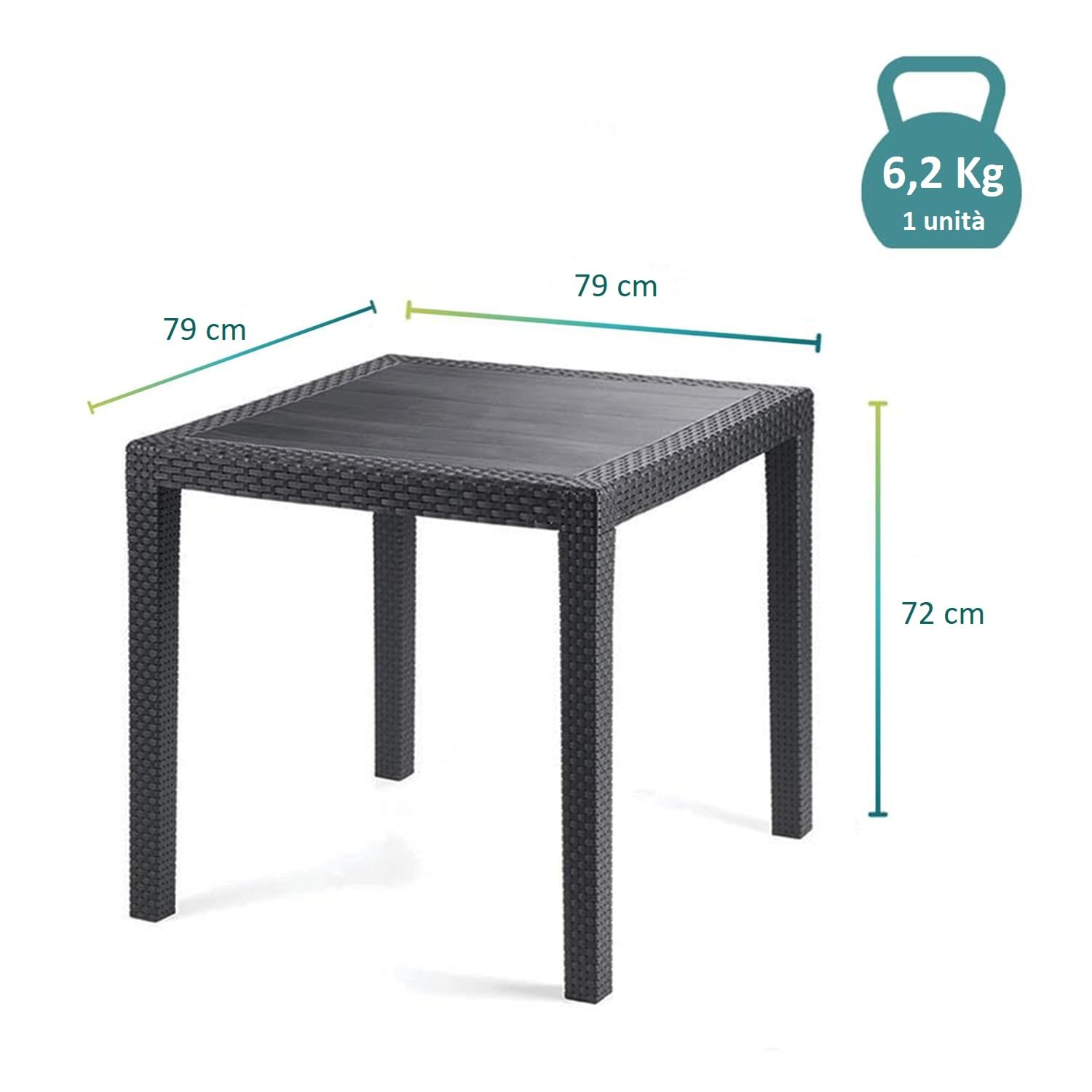 Tavolo da giardino quadrato antracite effetto rattan 79x79 cm in plastica resistente