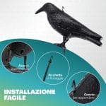 Dissuasore piccioni a forma di corvo con gancio e picchetto, installazione facile per balcone e tetto