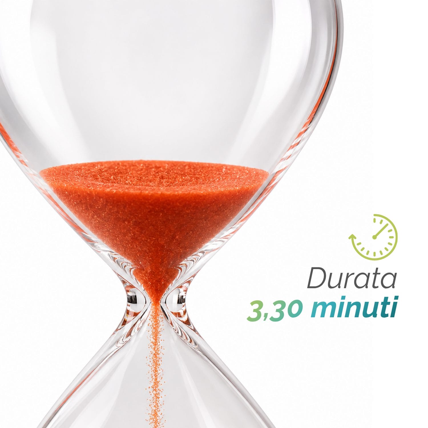 Dettaglio clessidra con sabbia arancione in scorrimento, durata circa 3 minuti e 30 secondi.