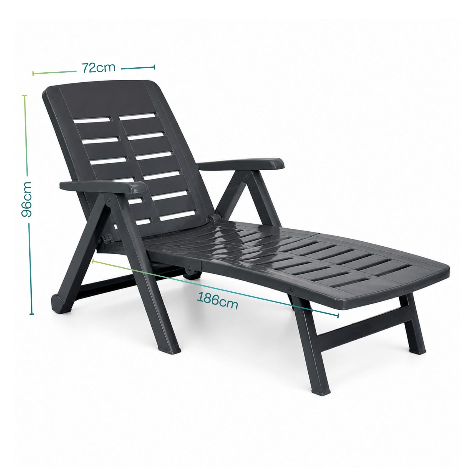 sdraio antracite misure Lettino prendisole con dimensioni: lunghezza 186 cm, larghezza 72 cm, altezza 96 cm.