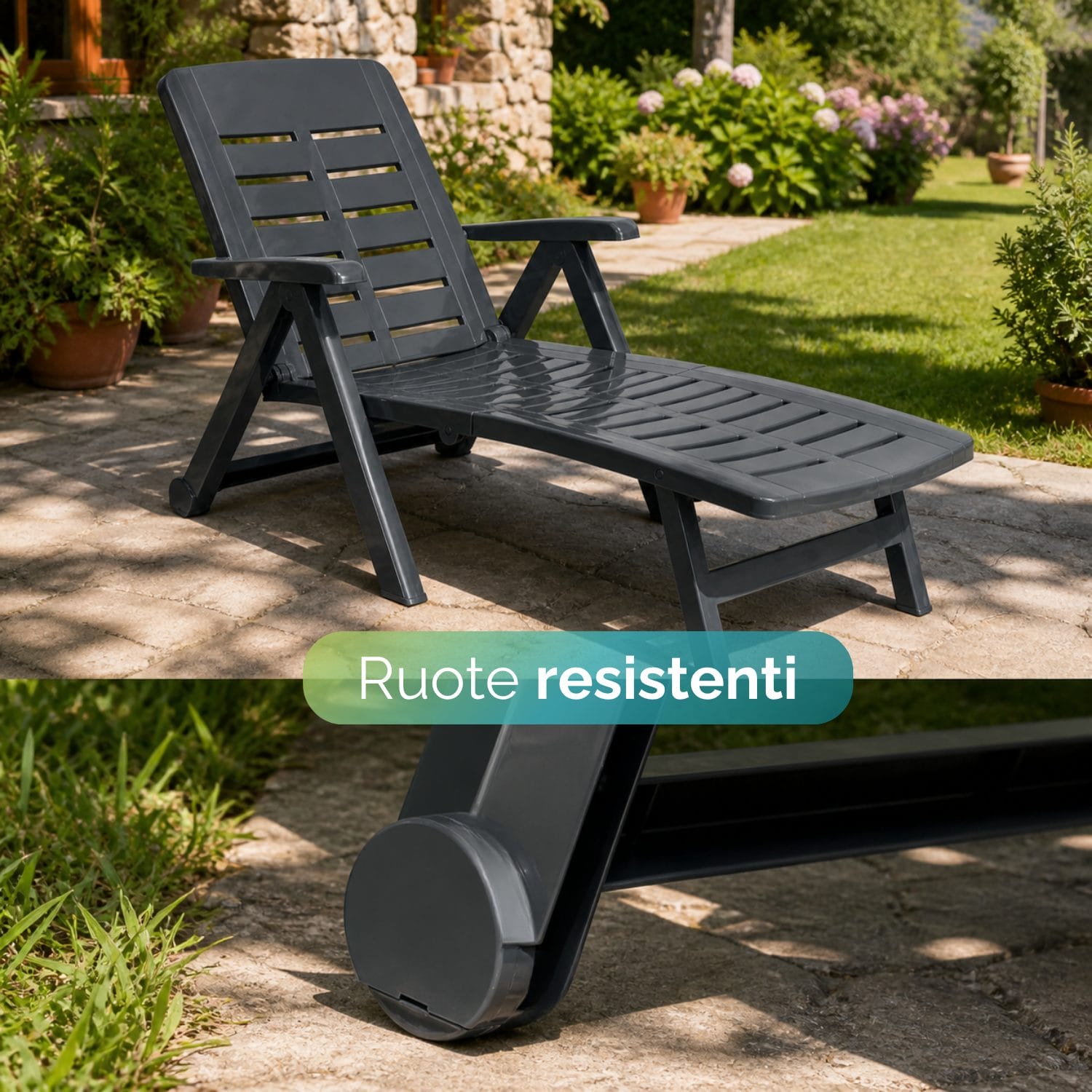 sdraio antracite ruote Lettino con ruote resistenti per facile spostamento su superfici esterne.