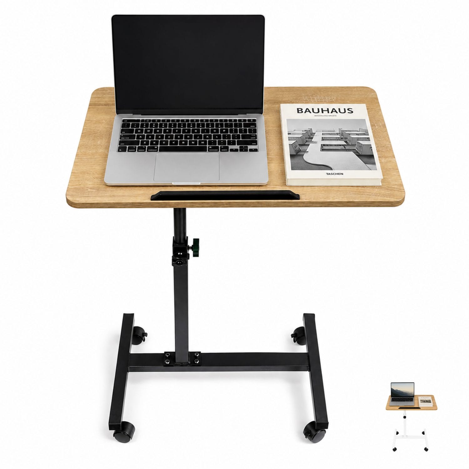 tavolo per computer con ruote Tavolino porta pc con struttura nera e piano in MDF effetto legno per smart working