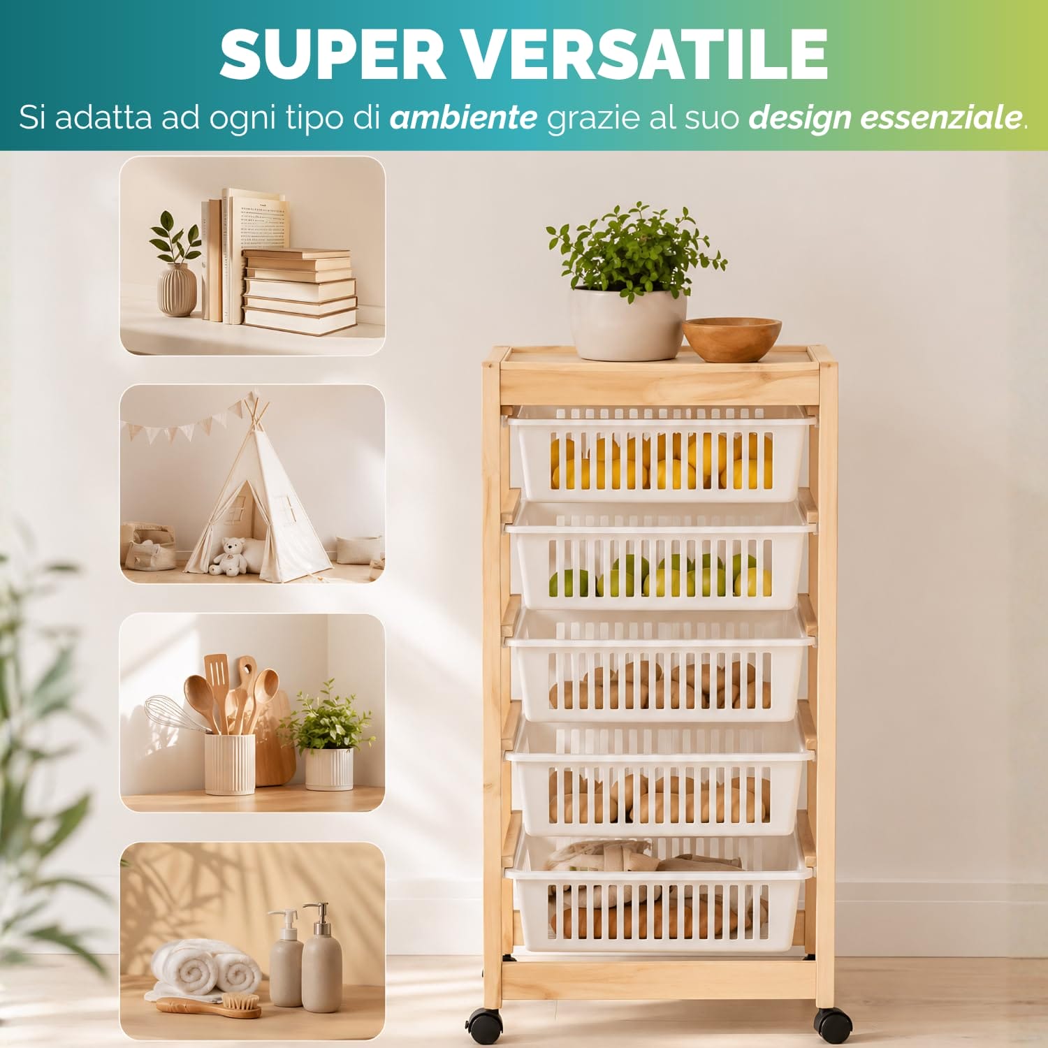 Carrello multiuso in legno con cestelli per cucina bagno e cameretta