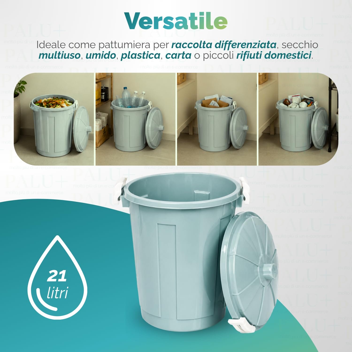 Secchio pattumiera 21 litri per umido, plastica, carta e rifiuti domestici
