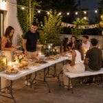 Set tavolo catering pieghevole con panche per feste compleanni ed eventi outdoor serali
