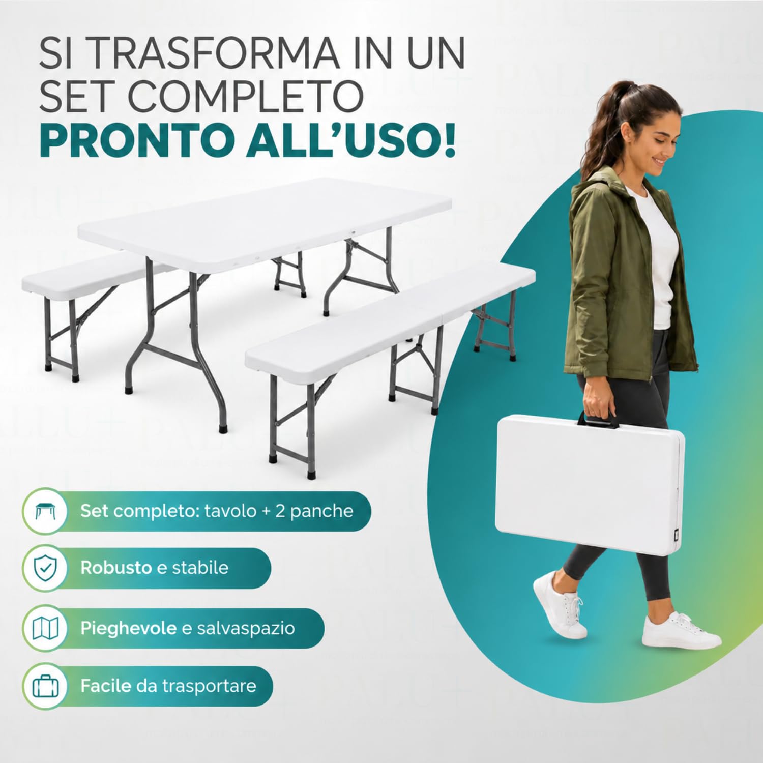 Set tavolo e 2 panche pieghevoli richiudibili a valigia facile da trasportare e salvaspazio