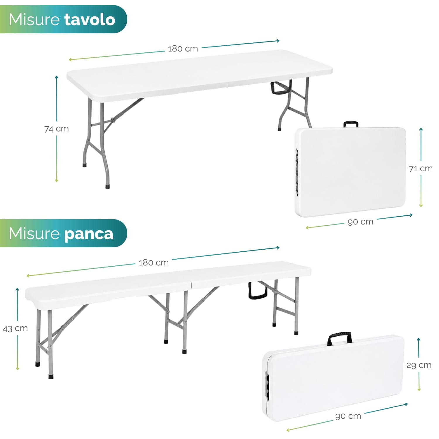 Misure tavolo e panche pieghevoli a valigia con dimensioni complete da esterno e catering