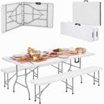 Tavolo pieghevole con panche richiudibili e sistema a valigia per picnic e catering
