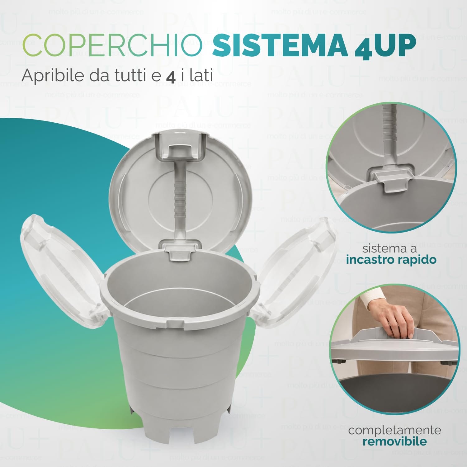coperchio-pattumiera-4-aperture Bidone raccolta rifiuti 50 litri con coperchio apribile da 4 lati e sistema a incastro rapido