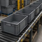 Cassetta Eurobox su linee automatizzate e impianti di trasporto a rulli per logistica e-commerce efficiente.