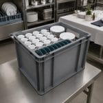 Contenitore Eurobox grigio con stoviglie, ideale per catering e stoccaggio