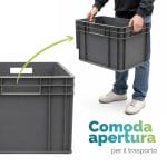 Cassetta Eurobox in plastica con comoda apertura e maniglie passanti lisce per una presa manuale ergonomica e sicura.