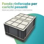 cassetta Eurobox con focus sul fondo rinforzato a nido d'ape per carichi pesanti nella meccanica, ideale per pallet e automazione