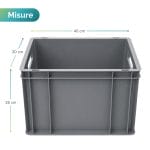 Schema tecnico con dimensioni e quote dell'Eurobox in plastica grigia: larghezza 40 cm, profondità 30 cm, altezza 26 cm.