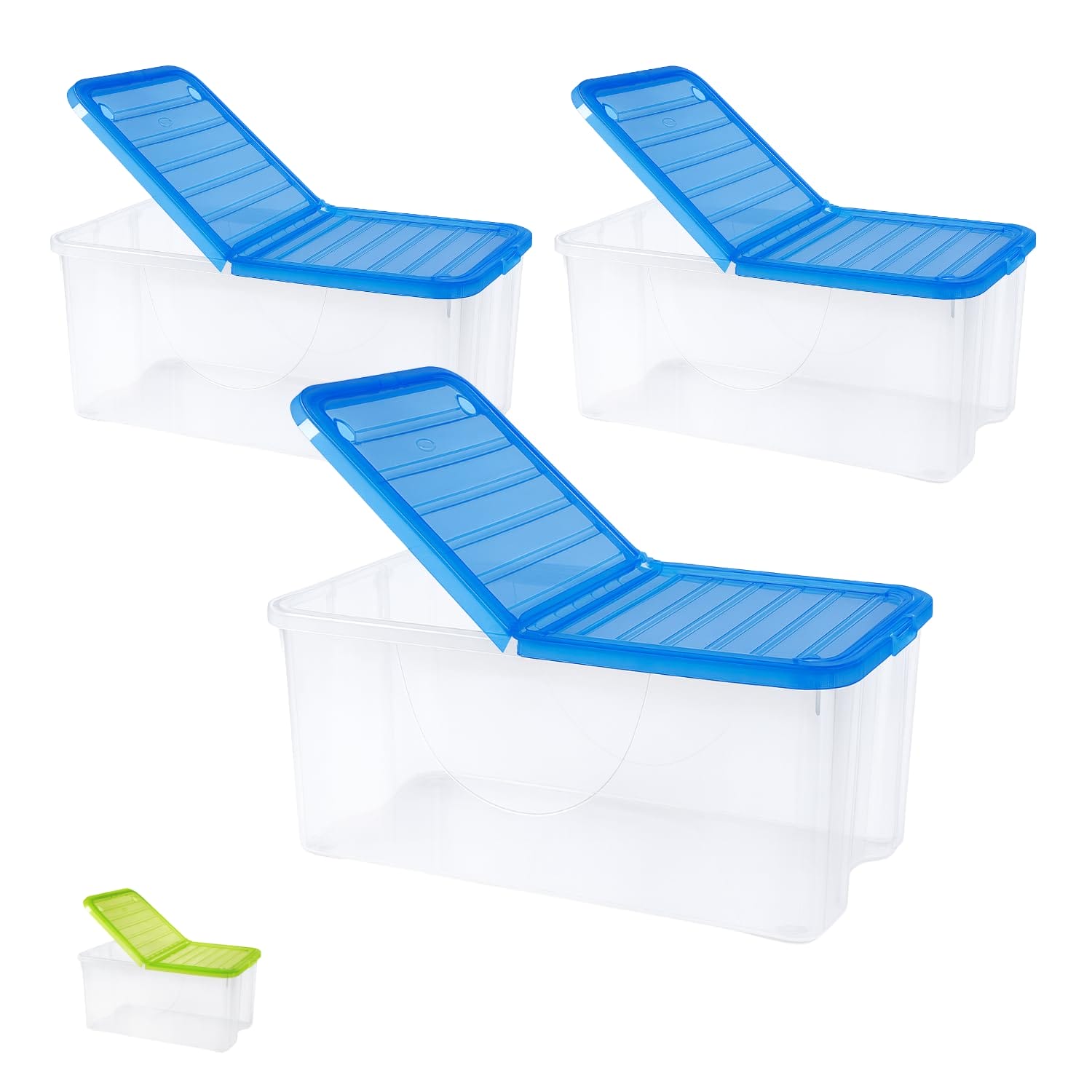 Set di 3 contenitori salvaspazio trasparenti con coperchio pieghevole blu su fondo bianco