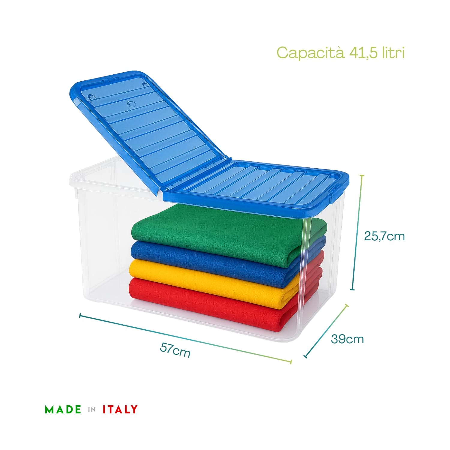 Contenitore salvaspazio trasparente blu da 41,5 litri con tessuti piegati e misure visibili