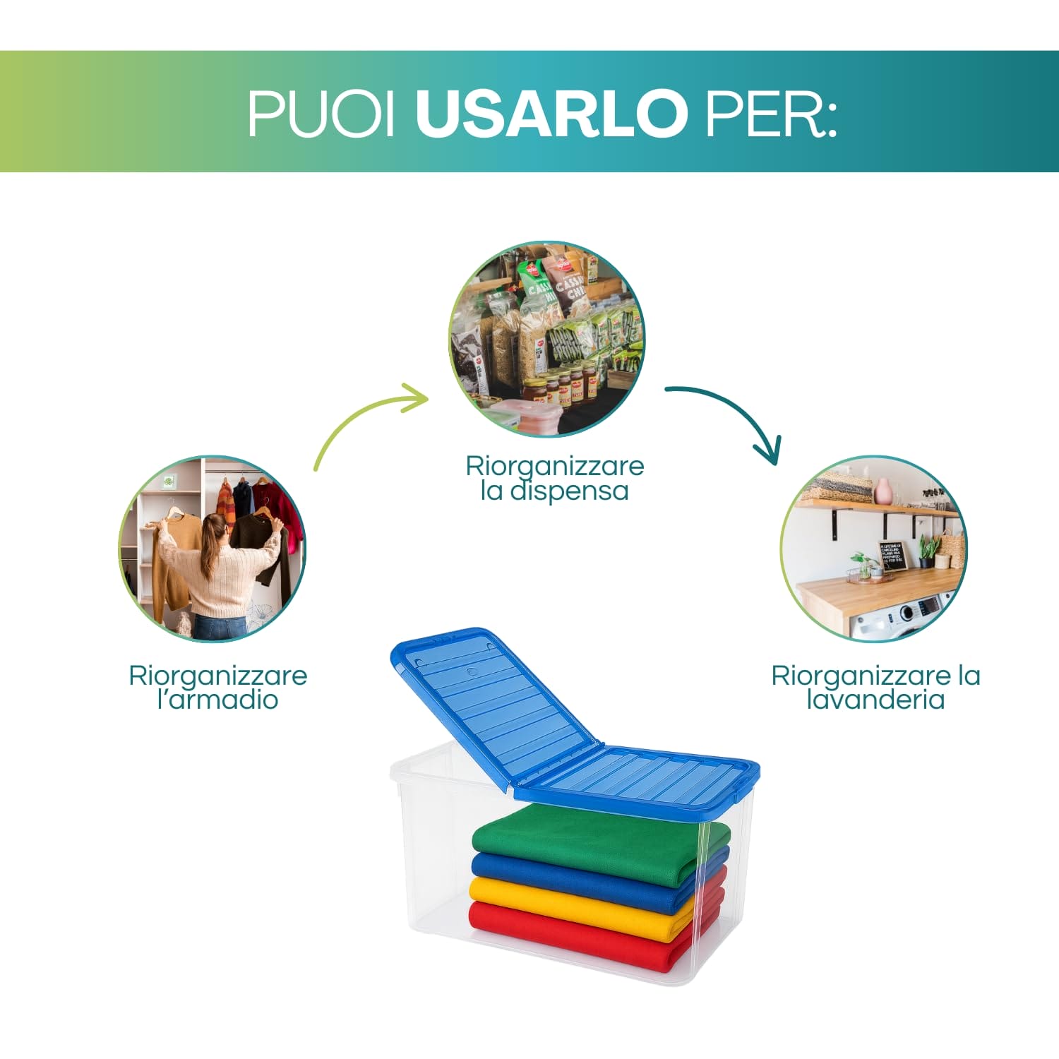 Contenitore salvaspazio blu con tessuti piegati per organizzare armadio, dispensa e lavanderia