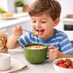 Tazza da latte verde 450 ml per colazione Bambino che fa colazione con cereali serviti in una tazza da latte verde in porcellana