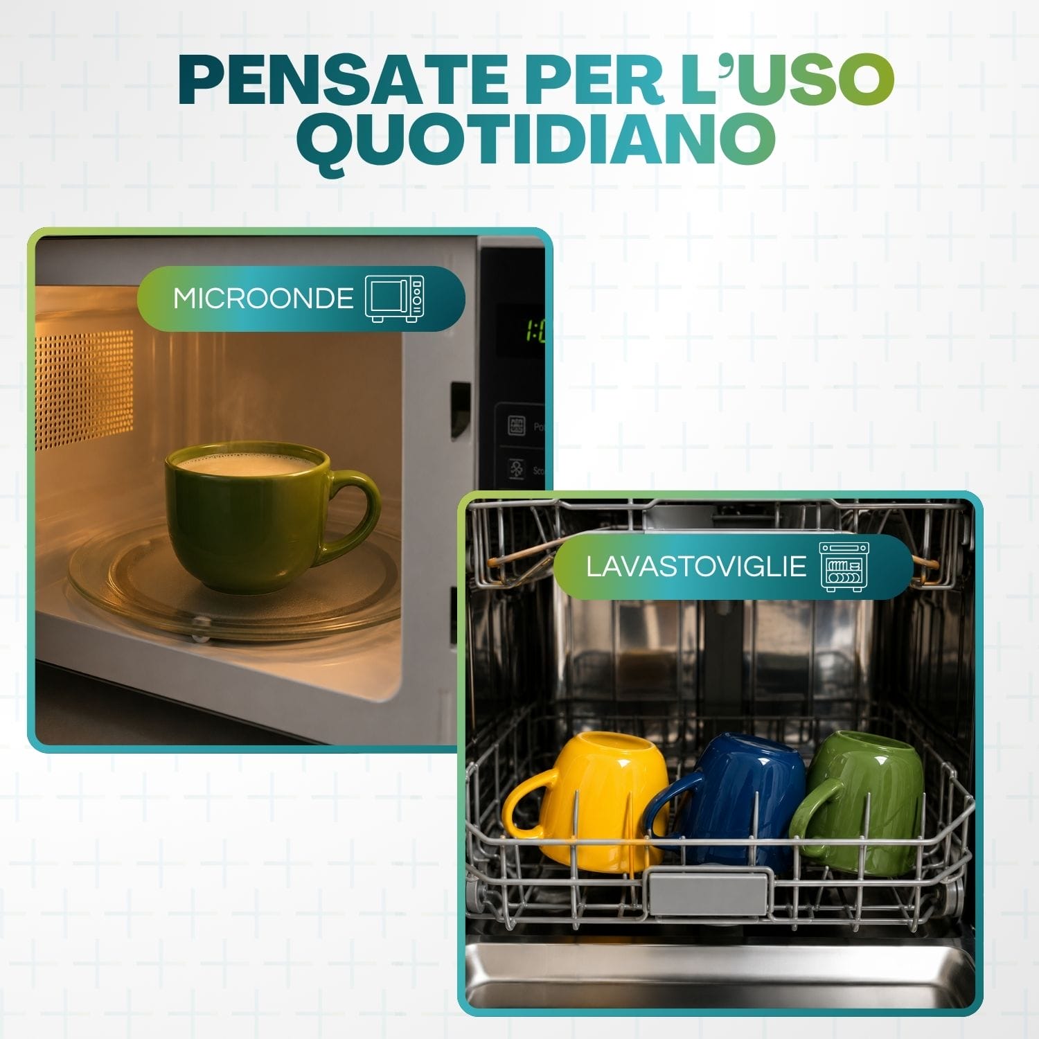 Tazze in porcellana per uso quotidiano Tazze in porcellana verde, blu e gialla mostrate per uso in microonde e lavastoviglie