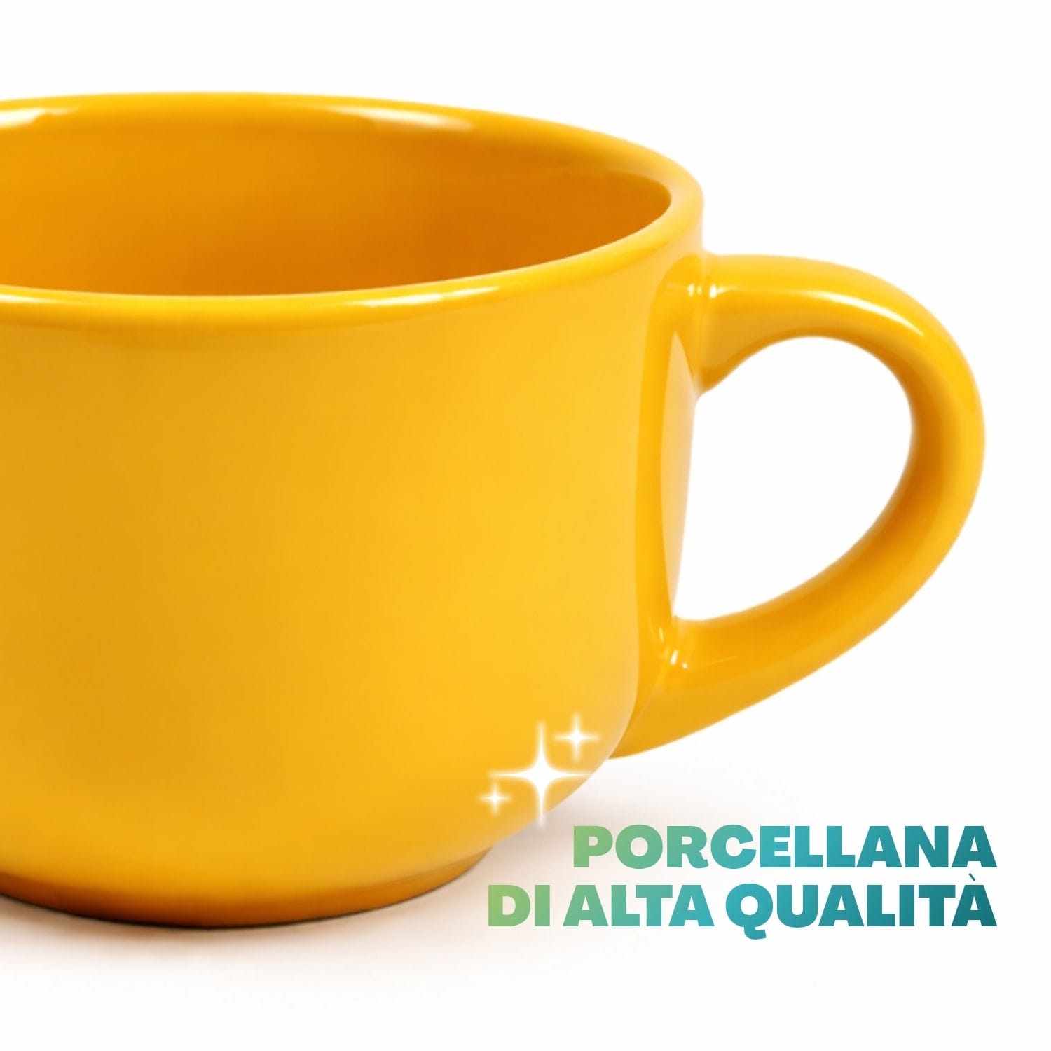 Tazza da latte gialla in porcellana resistente Dettaglio ravvicinato di tazza da latte gialla in porcellana lucida con bordo arrotondato e manico ampio