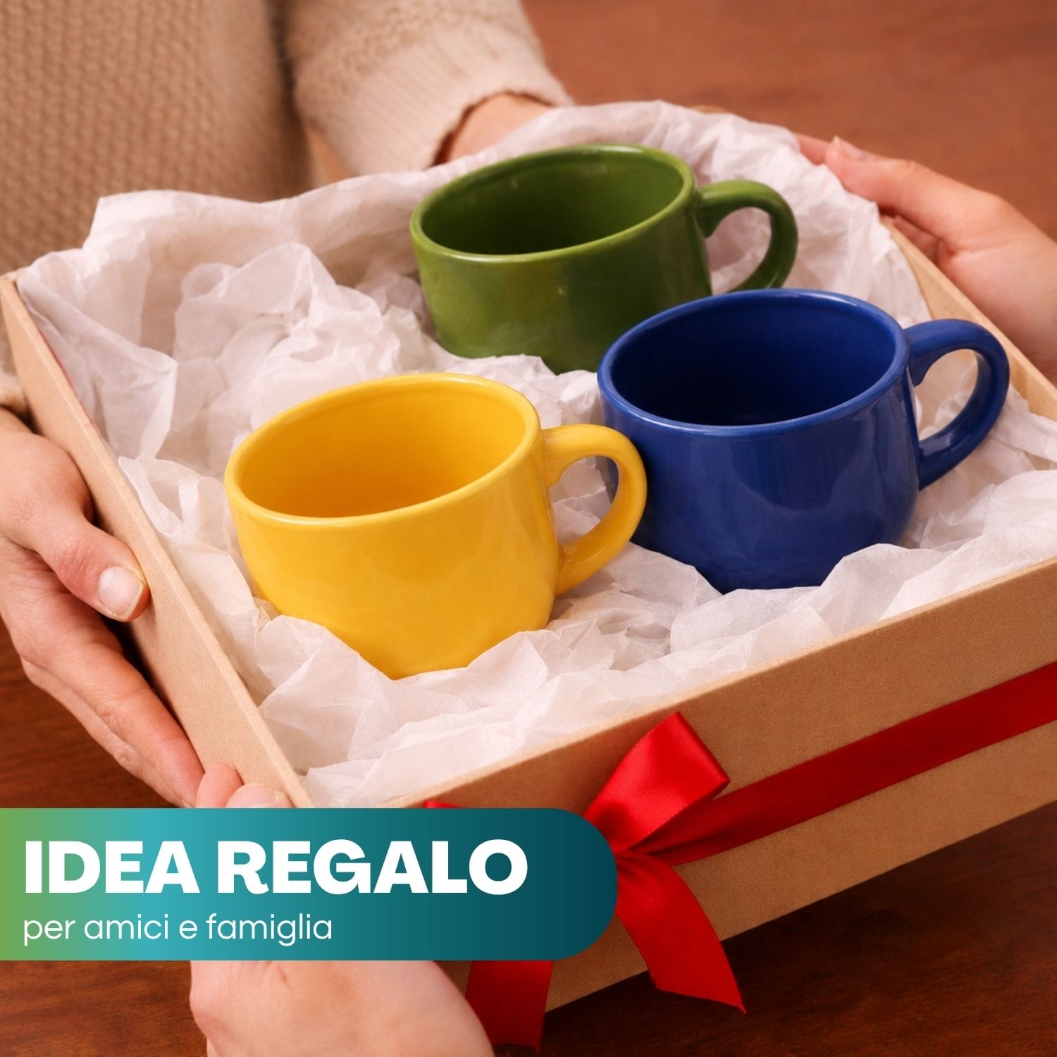 Set tazze colorate regalo per amici e famiglia Tazze da latte verdi, blu e gialle in porcellana disposte in confezione regalo con nastro rosso