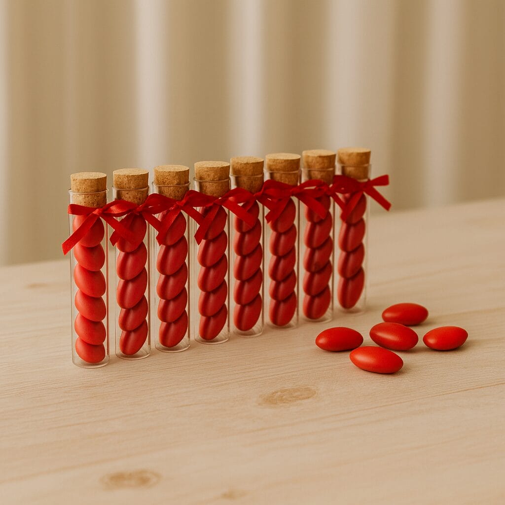 Provette in vetro con tappo in sughero e confetti rossi, idea bomboniera elegante